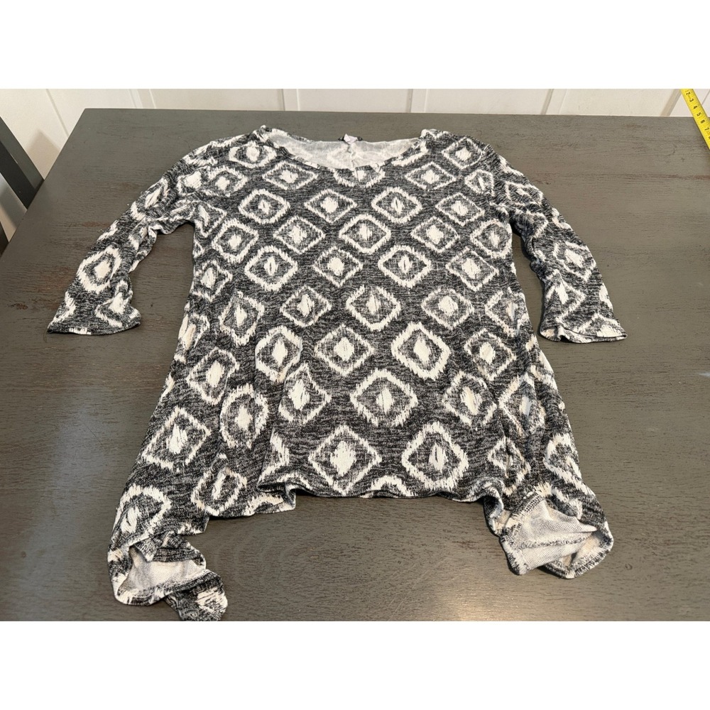 Double Take Womens 1X Tunic Top Black White Diamond Ikat Sharkbite 3/4 Sleeve